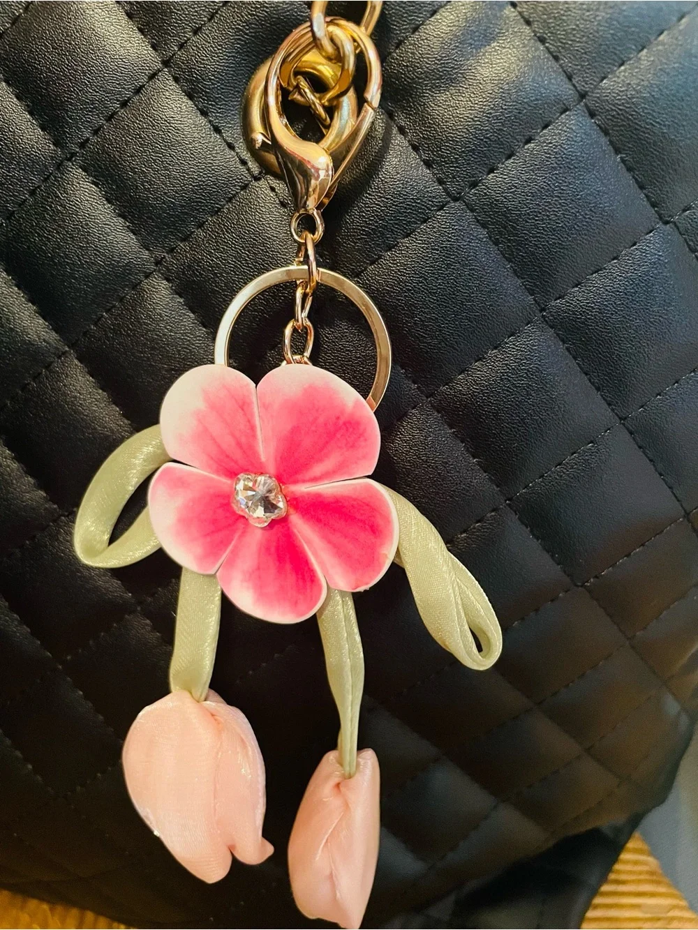 Mint Pink Flower Key & Card Holder Charm with Pale Green Accents